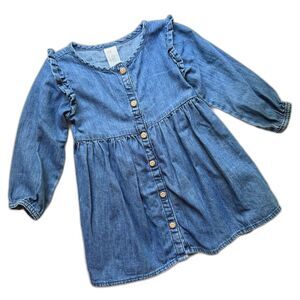 H&M‎ Denim Ruffle Shoulder Long Sleeved Dress 12 Months